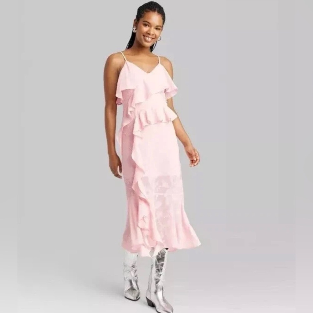 NWT Wild Fable, Women’s Dress Pink Blush Midi Chiffon Floral Ruffle, Size Medium